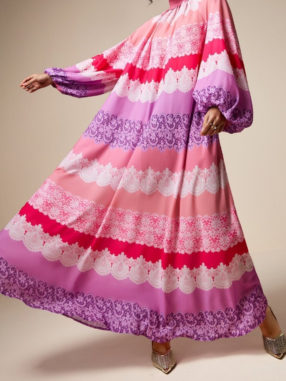 Multicolor Boho Women's Lace Print Dress - Picture 5 of 9
